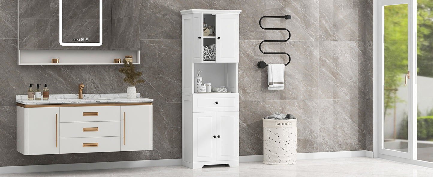 Tall Bathroom Cabinet with Four Doors and Open Shelve