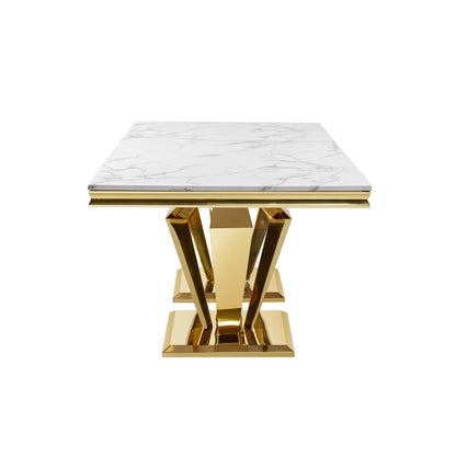 Dining Table for 6 or 8, Rectangular 78.74" L x 39.37" W x 29.92" H Gold Polished Stainless Steel Base MDF Marble Top