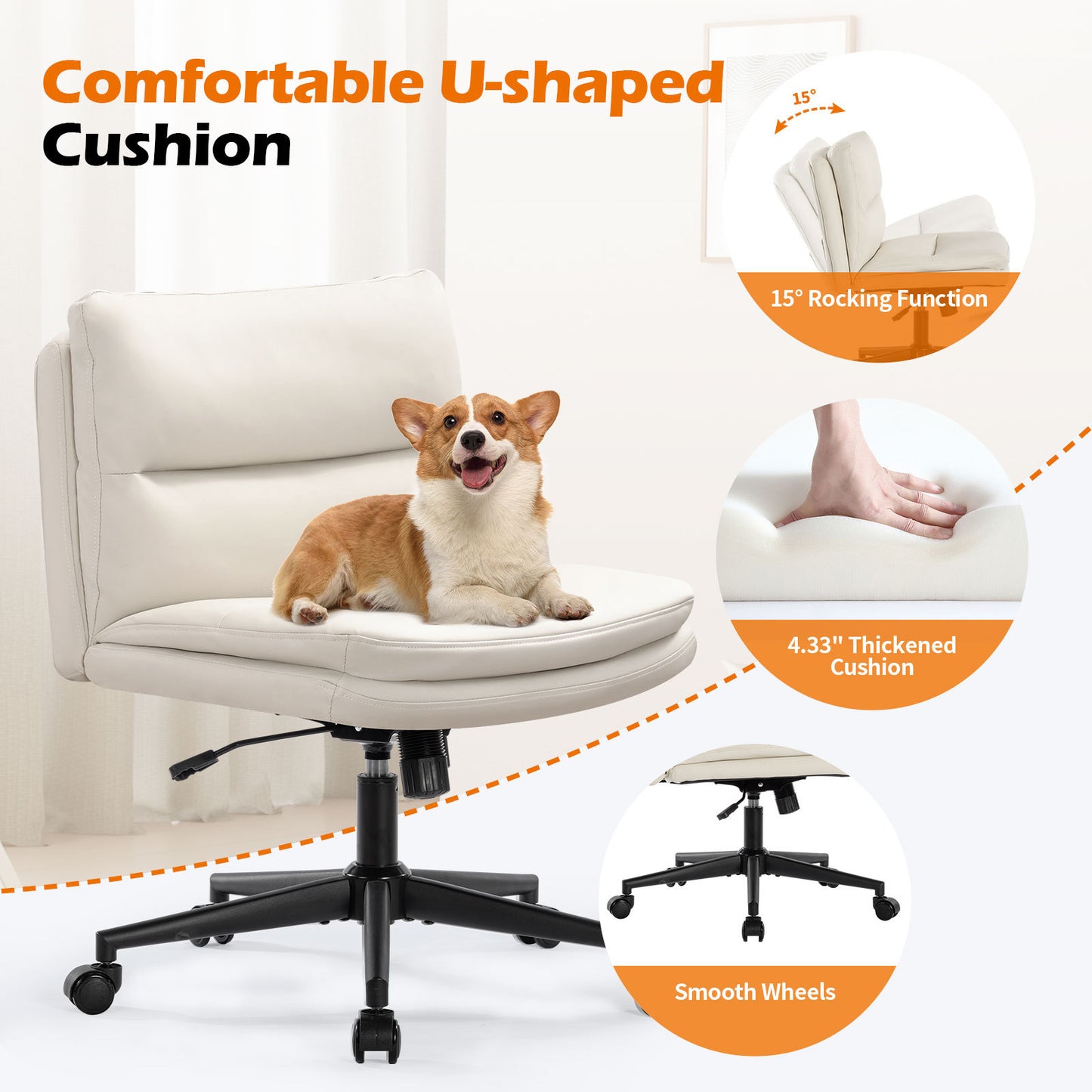 Armless Office Chair, PU Padded Desk Chair with Wheels, Mid Back Rocking Computer Chair for Bedroom and Vanity