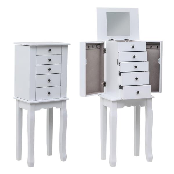 Standing Jewelry Armoire - 5 Drawers, 8 Hooks, Mirror, 2 Swing Doors