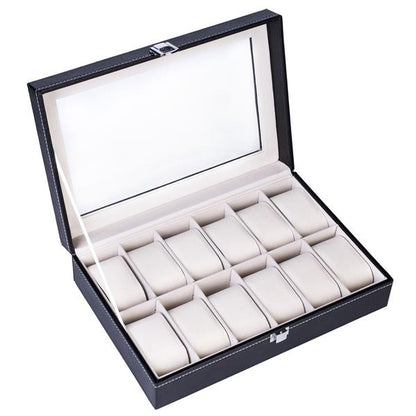 12-Compartment Leather Watch Box - Top-Level Opening, Black