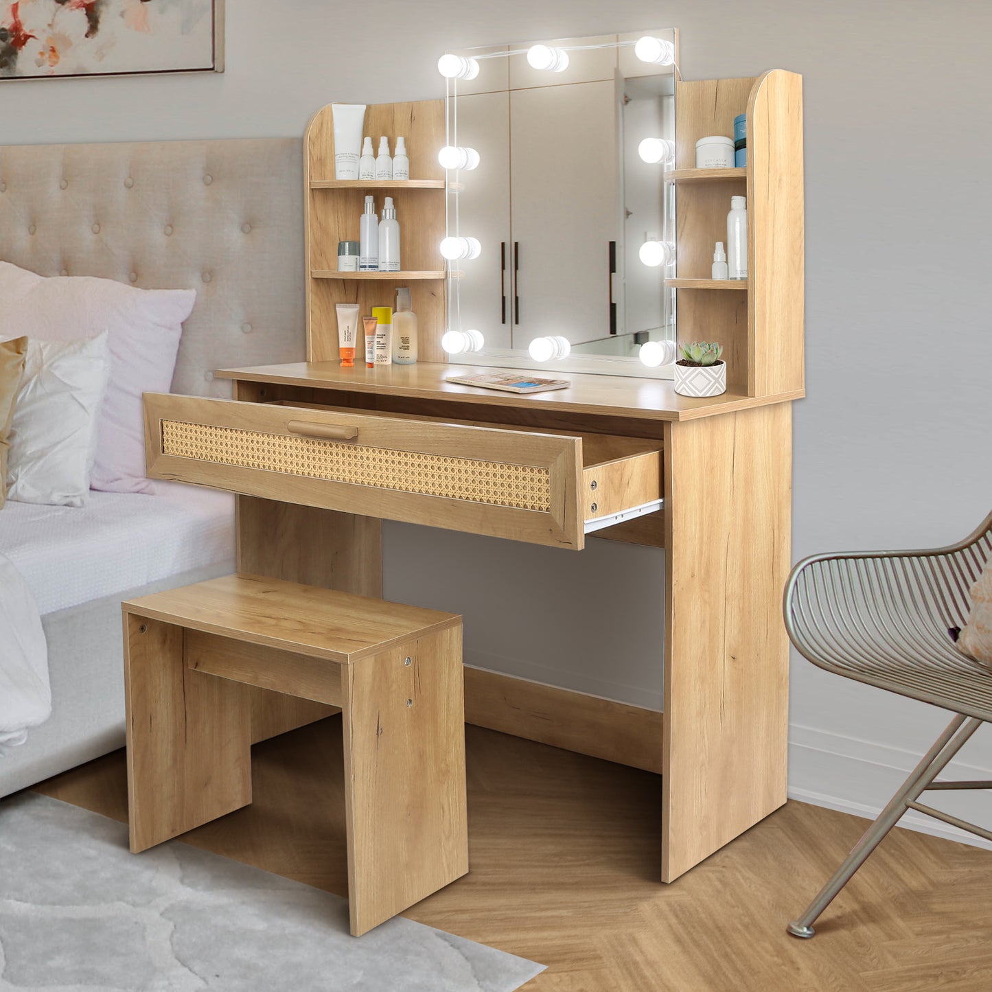 Vanity Desk Set with Stool, LED Mirror, Drawer, and Compartments, Modern Wood Dressing Table with Storage