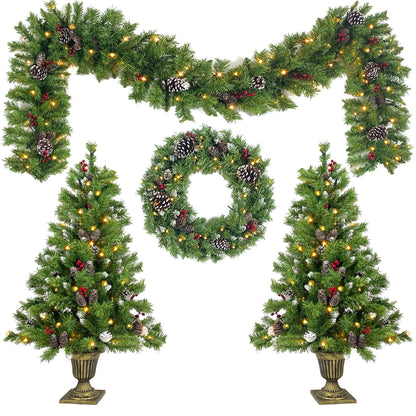 Pre-lit Xmas Tree Artificial Christmas 4-Piece Set,Garland, Wreath and Set of 2 Entrance Trees X-mas with LED Lights, Christmas Tree