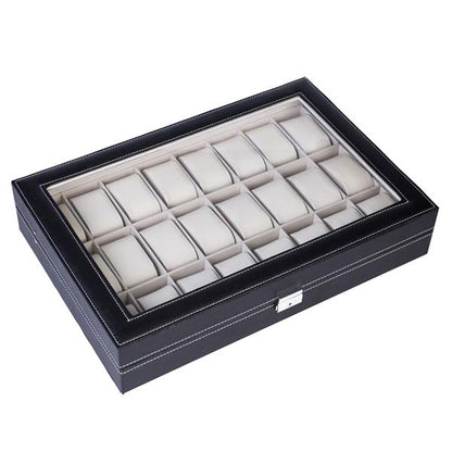 24-Compartment Leather Watch Box - Black