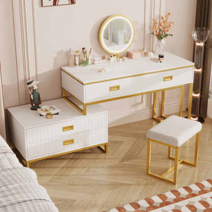 Modern Vanity Table with Movable Side Cabinet, 4 Drawers, Mirror with 3-Color LED Lights, Makeup Table with Stool, Gold Legs