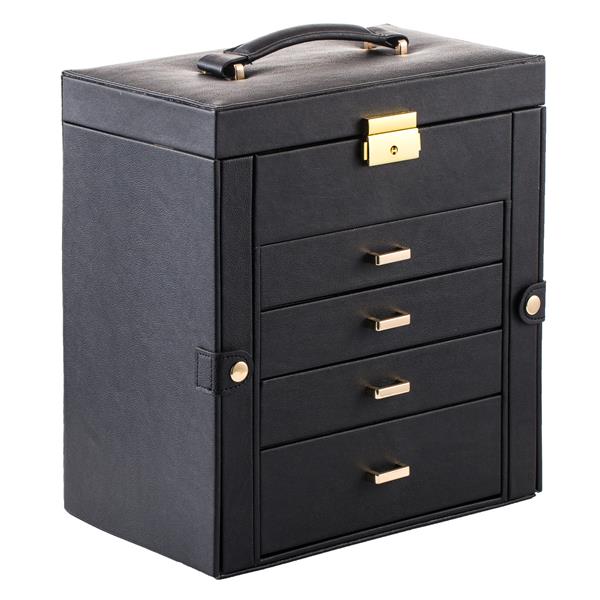 Synthetic Leather Jewelry Box - Mirrored, Lockable, Black