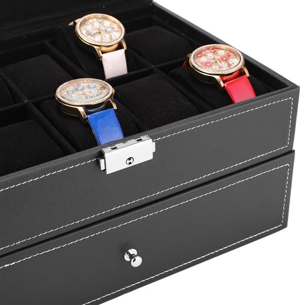 Watch Box 20 Mens Case Glass Top Display Organizer Lockable Black