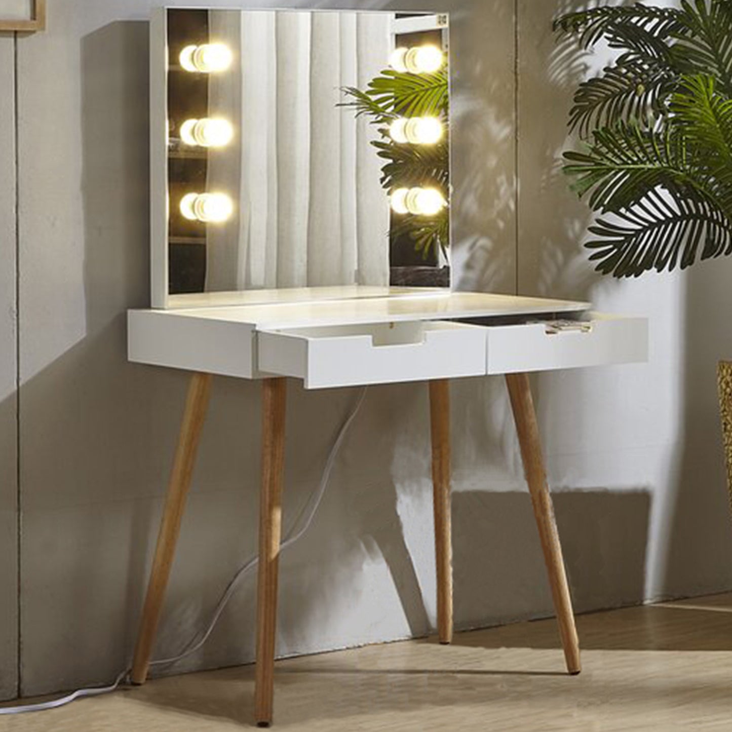 Wooden Vanity Table Makeup Dressing Desk with LED Light,dressing table with USB port,White