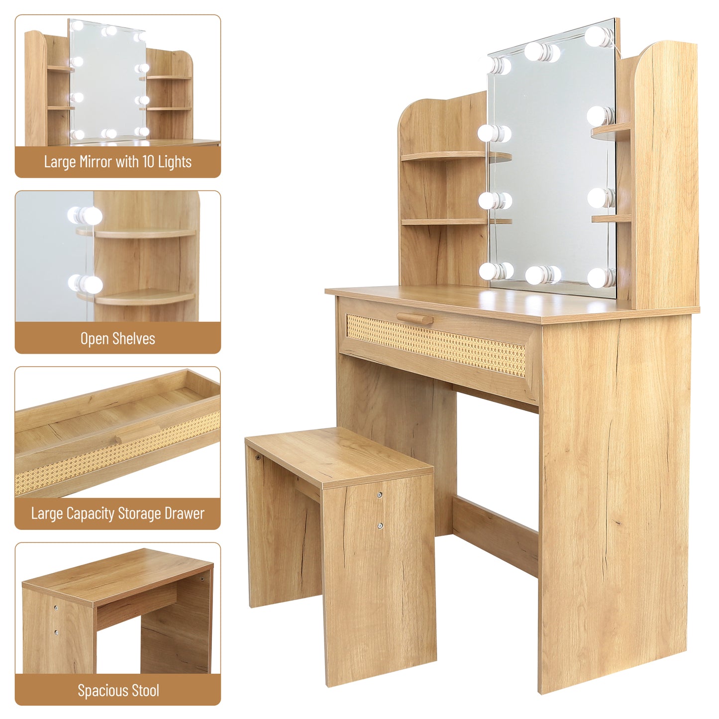 Vanity Desk Set with Stool, LED Mirror, Drawer, and Compartments, Modern Wood Dressing Table with Storage